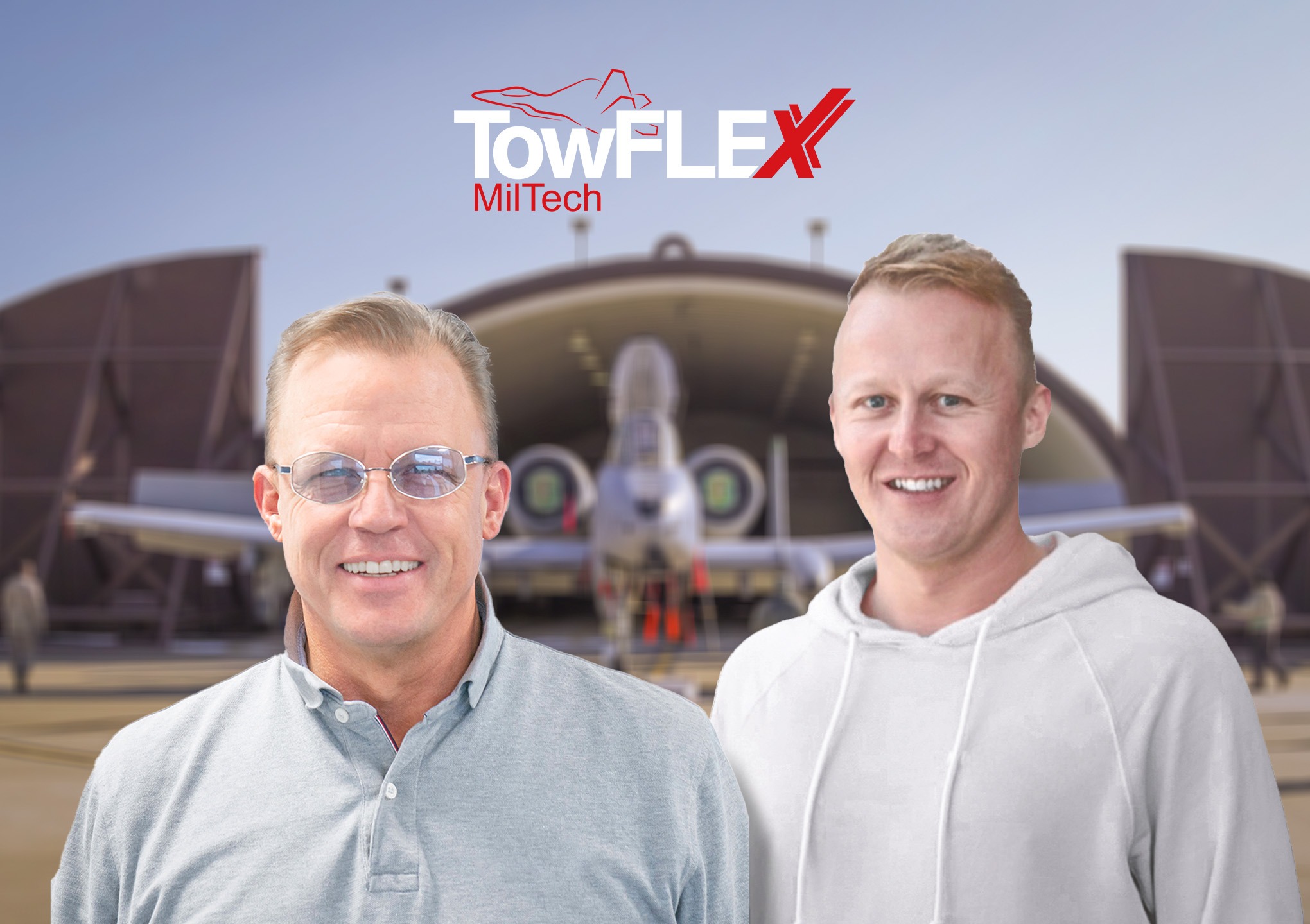 Cover image showcasing TowFLEXX Miltech Inc.'s leadership team, Ulrich 'Uli' Nielen and Dr. Tobias Strobl, against the backdrop of a military airbase, symbolizing their commitment to providing specialized towing solutions for the US government and military